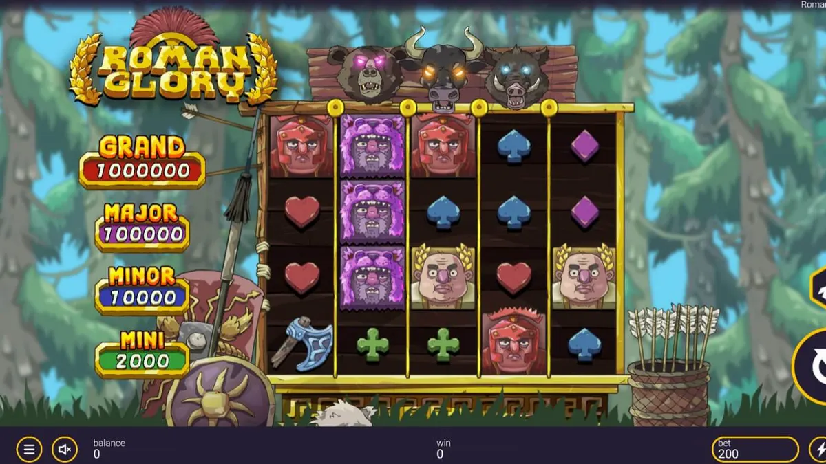 Tampilan visual slot Roman Glory dengan elemen hutan dan simbol Romawi