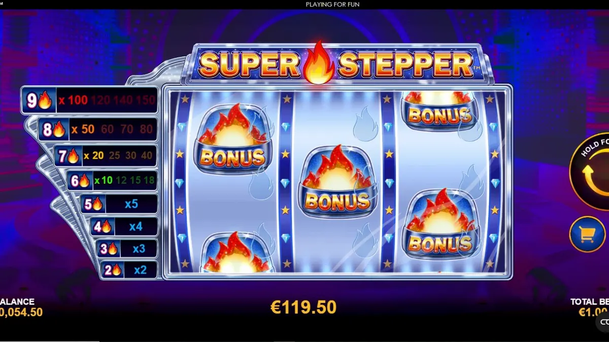 Tampilan antarmuka mobile slot Super Stepper dengan tema neon cyberpunk
