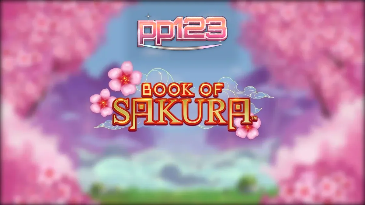 Pemandangan indah dari slot Book of Sakura dengan latar belakang bunga sakura